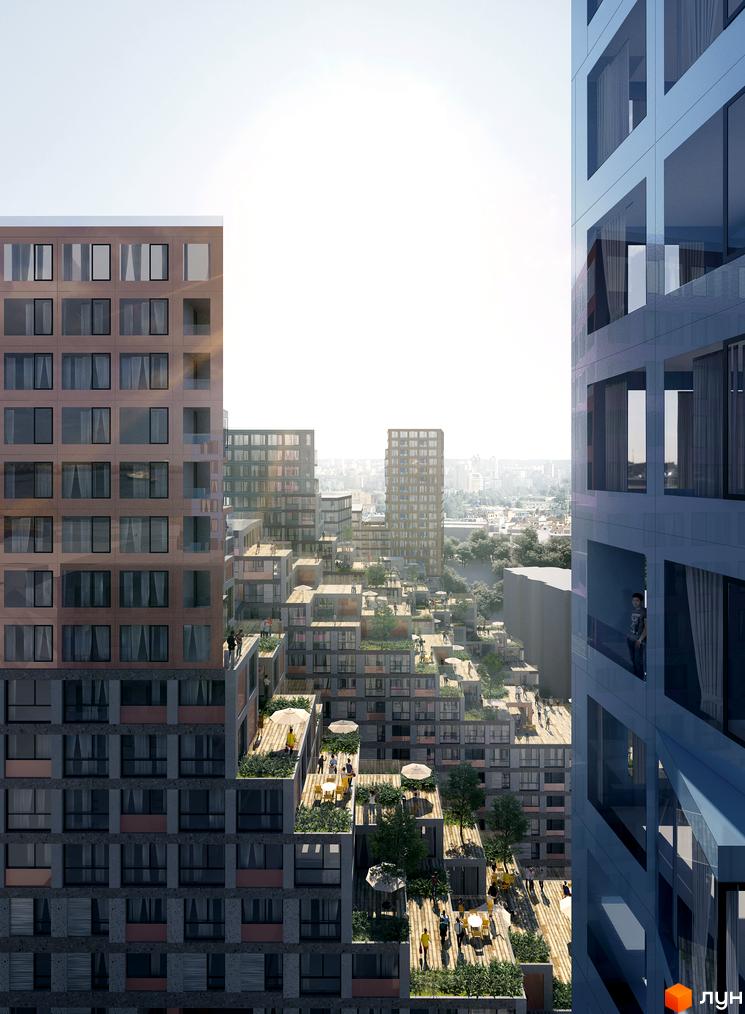 Зображення фасаду та тераси Будівельного проєкту OZON Concept House. Вигляд на багатоповерхівки та облаштовану територію.