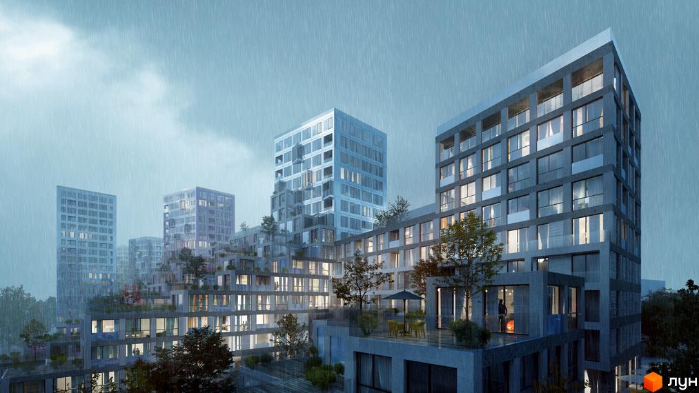 Зображення Житлового комплексу OZON Concept House в дощову погоду. На фото багатоповерхові будинки та зелені насадження.