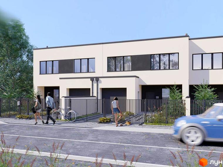 Зображення таунхаусів Ivory з двома поверхами та великими вікнами. Перед будинком видно дорогу та зелені насадження.