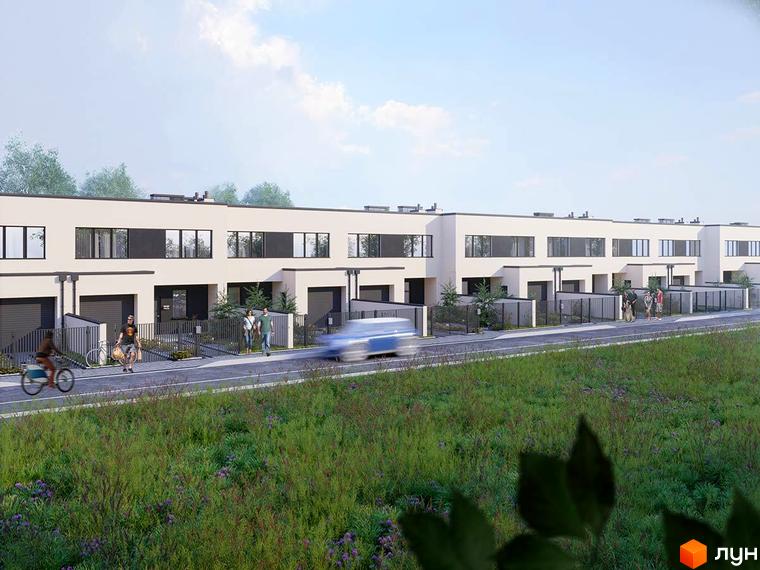 Зображення таунхаусів Ivory з великими вікнами та гаражами. На передньому плані зелена галявина та дорога.