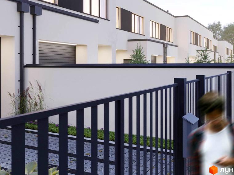 Зображення таунхаусів Ivory з білими стінами та чорними віконними рамами. На передньому плані чорна огорожа та зелені насадження.