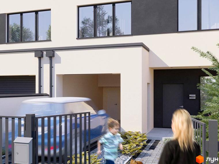 Фасад таунхауса „Ivory“ світлого кольору з темними вікнами та вхідними дверима. Перед будинком огорожа, зелені насадження та заїзд до гаража.