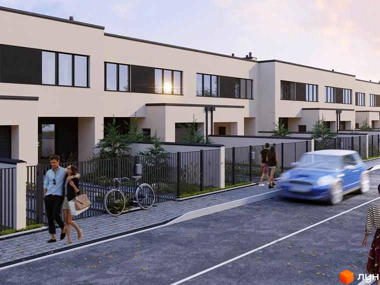 Зображення таунхаусів Ivory з прибудинковою територією. На передньому плані видно дорогу, тротуар, огорожу та людей.