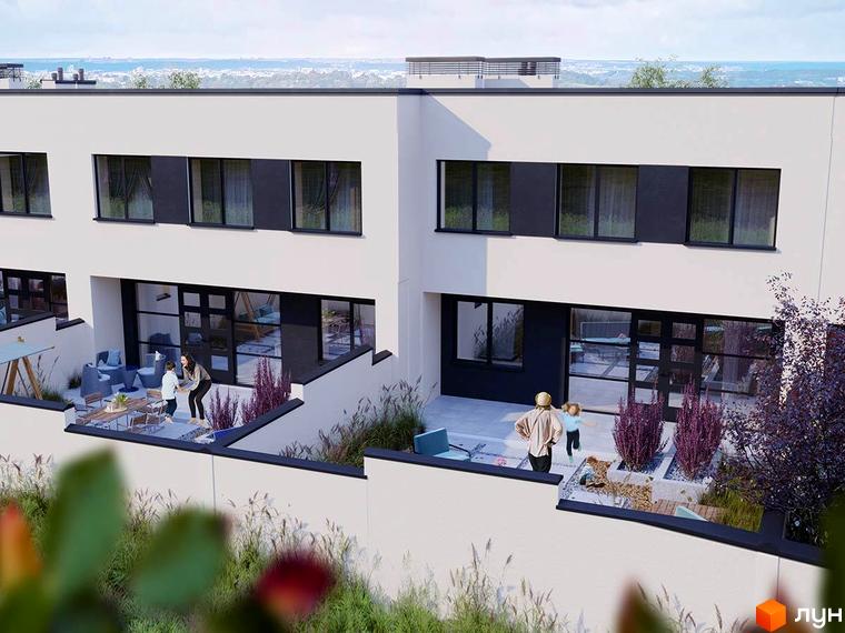 Таунхауси Ivory: білі будинки з темними вікнами, приватними терасами та доглянутими зеленими насадженнями.