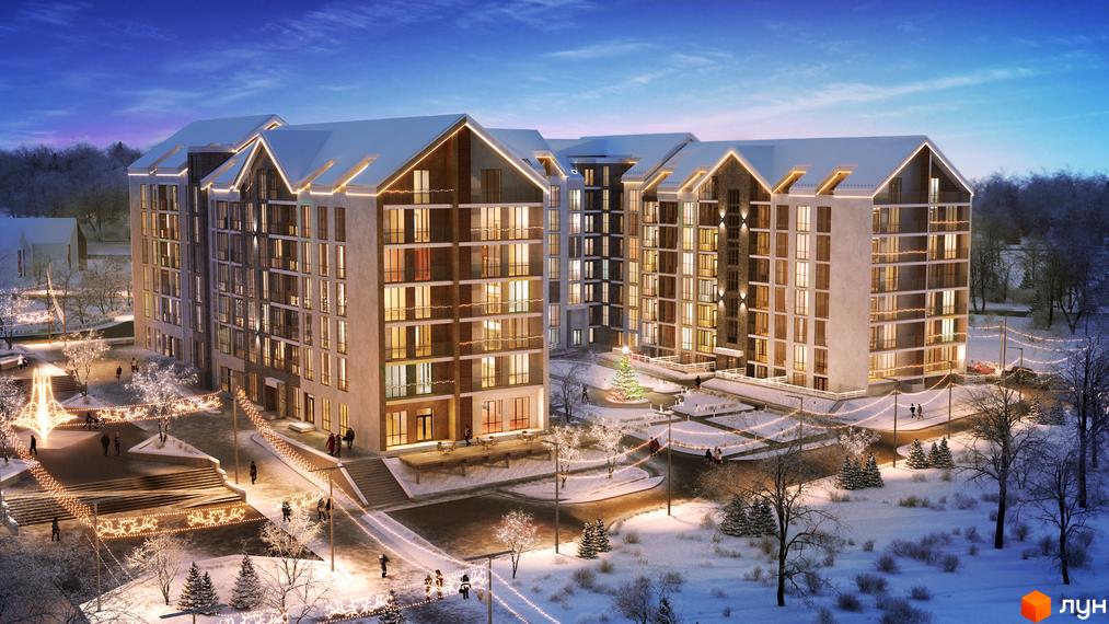 Житловий комплекс Гостомель Residence взимку: будівлі з дахами, вкритими снігом, та освітленими вікнами. Територія прикрашена гірляндами, новорічною ялинкою та людьми, що прогулюються.