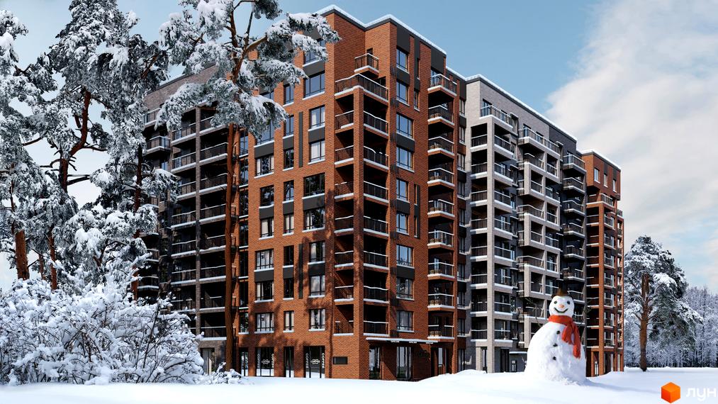 Житловий комплекс Utlandia у зимовому пейзажі з ялинками та сніговиком. Багатоповерхові будинки з цегляним та сірим фасадом, балконами.