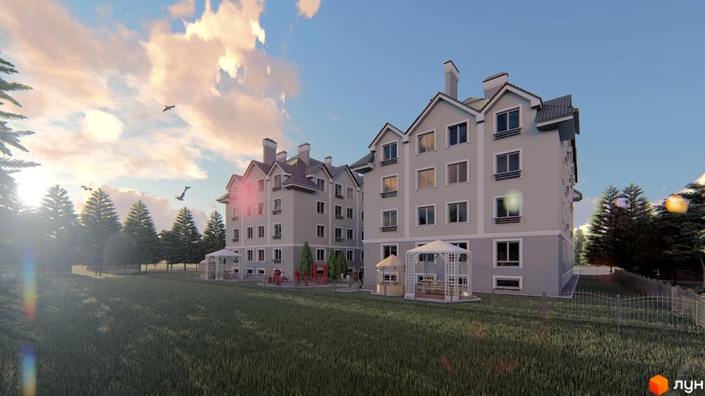 Житловий комплекс Затишний на вул. Січова, 29: світлі будинки з мансардними дахами та зелена прибудинкова територія з альтанками та деревами.