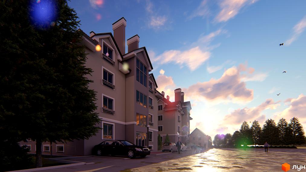 Житловий комплекс Затишний на вул. Січова, 29, з світлим фасадом та похилими дахами. Прибудинкова територія з дорогою, автомобілями та зеленими насадженнями.