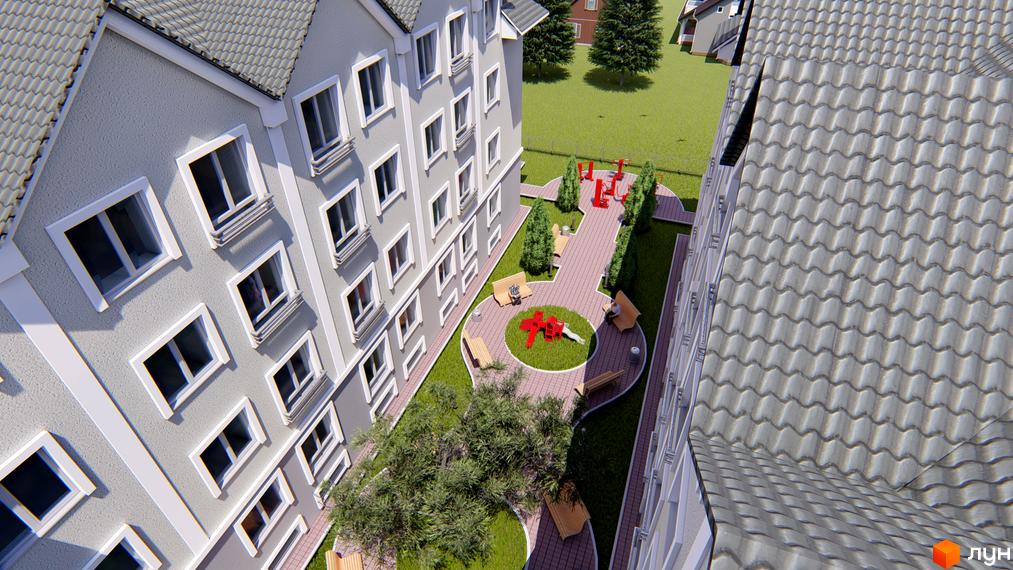 Житловий комплекс Затишний (вул. Січова, 29): багатоповерховий будинок світло-сірого кольору з білими вікнами та сірим дахом. У дворі зелені газони, доріжки, лавки та дитячий майданчик.