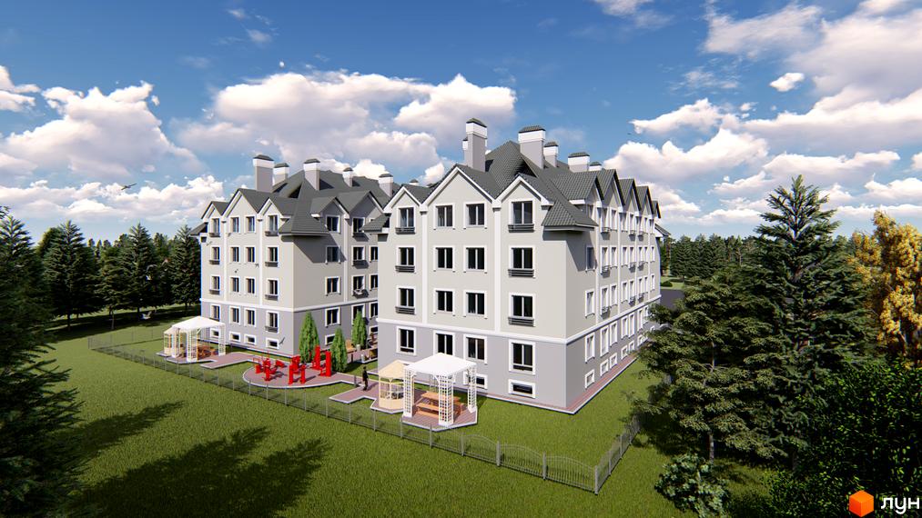 Житловий комплекс Затишний (вул. Січова, 29): багатоповерхові сірі будинки, прибудинкова територія з дитячим майданчиком, альтанкою та деревами.