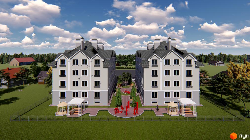 Житловий комплекс Затишний: два чотириповерхові будинки світлого кольору з темними дахами, дитячий майданчик та зони відпочинку.