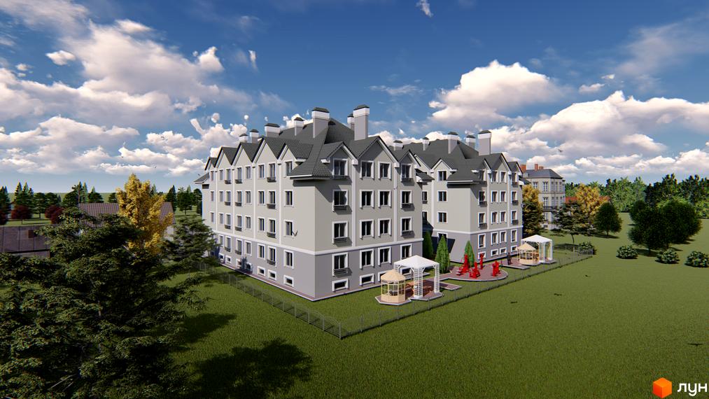 Житловий комплекс Затишний (вул. Січова, 29) з багатосекційними будинками, сірими фасадами та скатними дахами. Прибудинкова територія має зелені газони та дитячий майданчик.