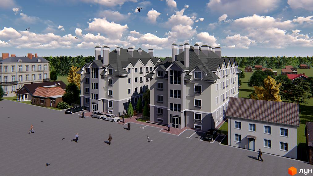 Житловий комплекс Затишний: світло-сірі багатоповерхові будинки з темними дахами та мансардними вікнами, прибудинкова територія з парковкою та зеленими насадженнями.