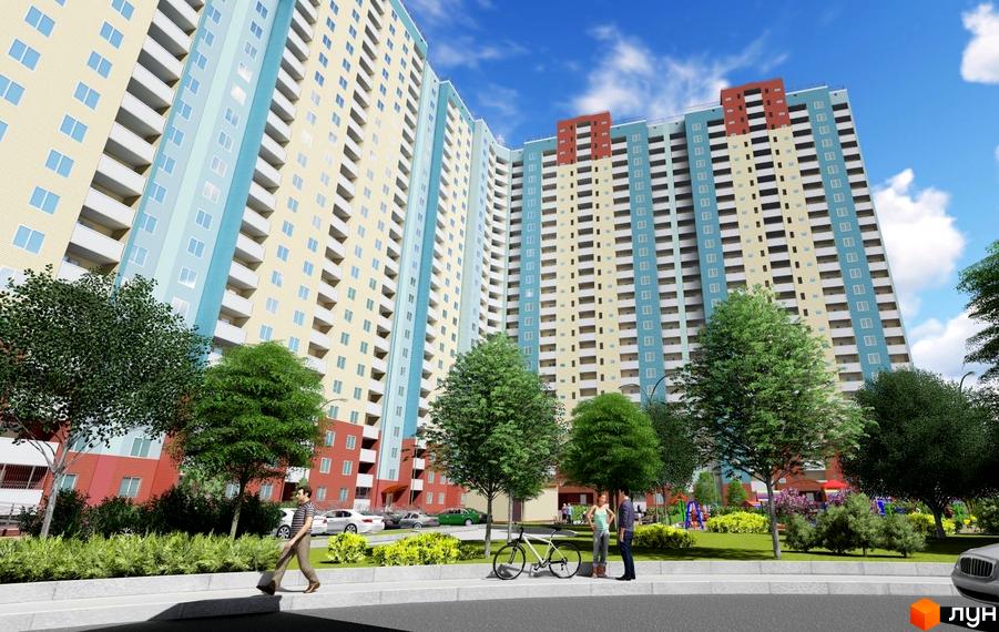 Зображення багатоповерхового будинку ЖК Акцент з кольоровим фасадом. На передньому плані дерева, тротуар та люди.