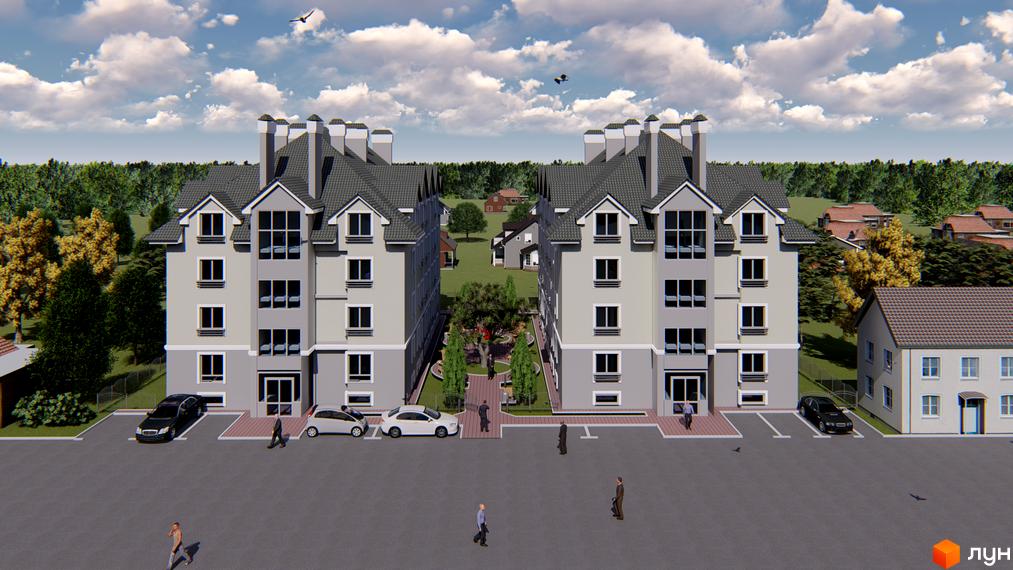 Житловий комплекс Затишний (вул. Січова, 29) – два багатоповерхові будинки з сірими дахами та світлими фасадами. Прибудинкова територія з доріжками, деревами та парковкою.