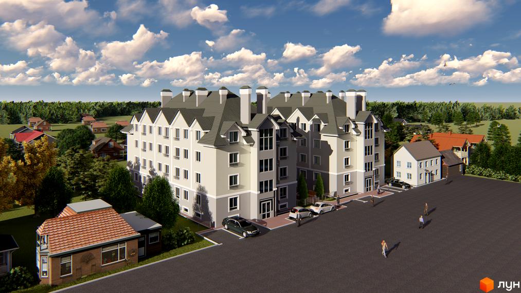 Житловий комплекс Затишний (вул. Січова, 29) – багатоповерховий будинок світлого кольору з темними дахами. Навколо є парковка та зелені насадження.