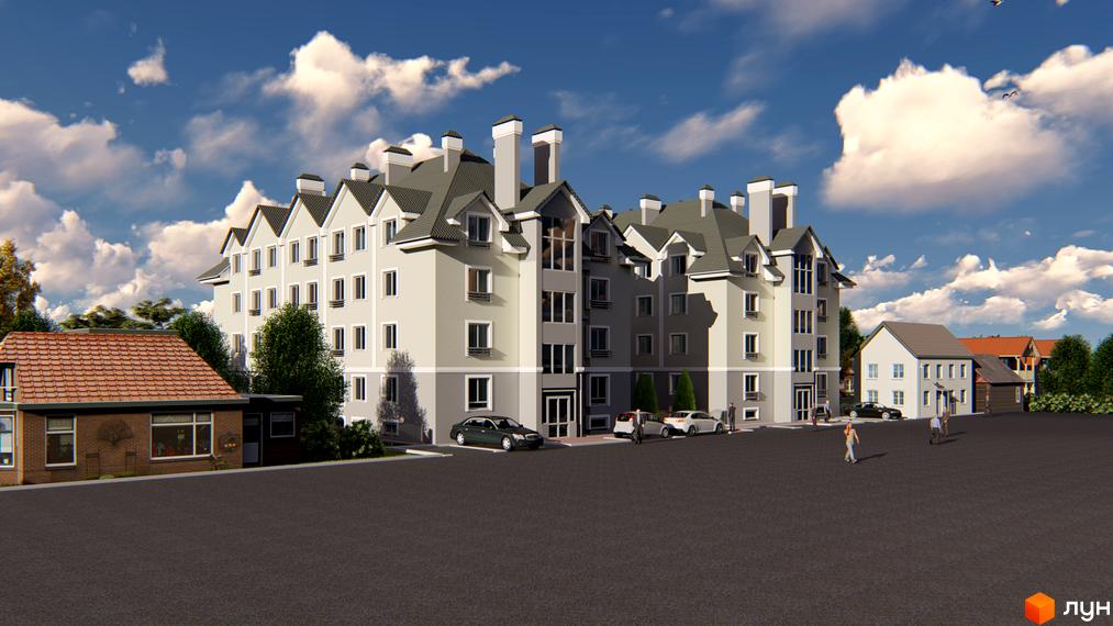 Житловий комплекс Затишний (вул. Січова, 29) з світлими фасадами, дахами з гостроверхими елементами. Навколо асфальтована територія, автомобілі та зелень.