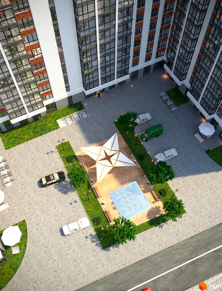 Зовнішній вигляд новобудови ЖК Акварель-4 з прибудинковою територією, що включає зелені зони, місця для паркування та зони відпочинку.