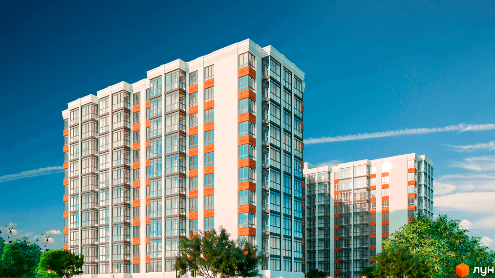 Зовнішній вигляд новобудови ЖК Акварель-4 з цегляними вставками та великими вікнами на тлі блакитного неба. Навколо зелені дерева та птахи.