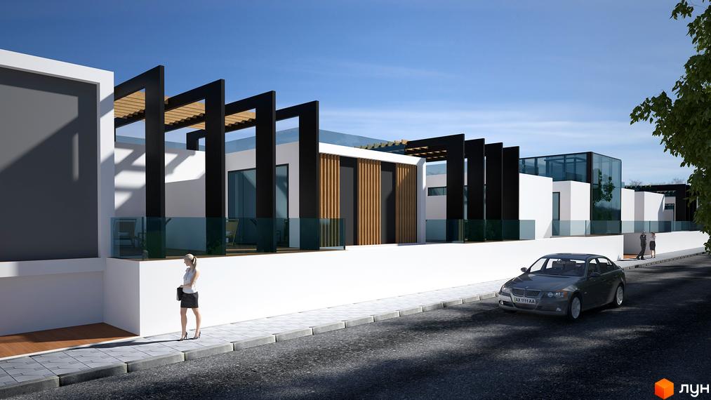 Зображення фасаду будівлі Житловий комплекс Arcadia Sky з білими стінами, скляними елементами та чорними колонами. Поруч тротуар, дорога та припаркований автомобіль.