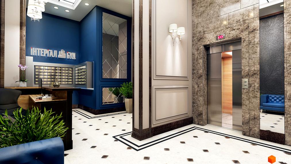 Інтер'єр холу ЖК Володимирський. Просторий хол з ліфтом, оздоблений мармуром та дзеркалами. Світлий дизайн з елементами синього кольору.