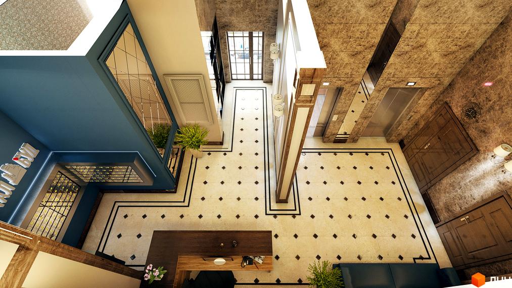 Вид на вестибюль ЖК Володимирський. Просторий хол з мармуровою підлогою та ліфтами. Світлий дизайн з елементами дерева та декоративним освітленням.