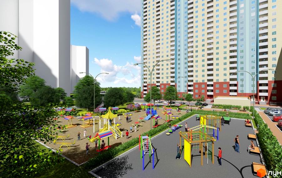 Житловий комплекс Акцент: багатоповерховий будинок з балконами та дитячий майданчик з різнокольоровими гірками та гойдалками. Територія комплексу озеленена деревами та кущами.