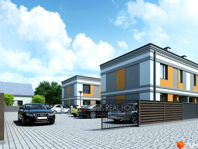 Двоповерхові таунхауси Real Home з фасадами сірого та помаранчевого кольорів, перед якими брукований майданчик з автомобілями та огорожею.