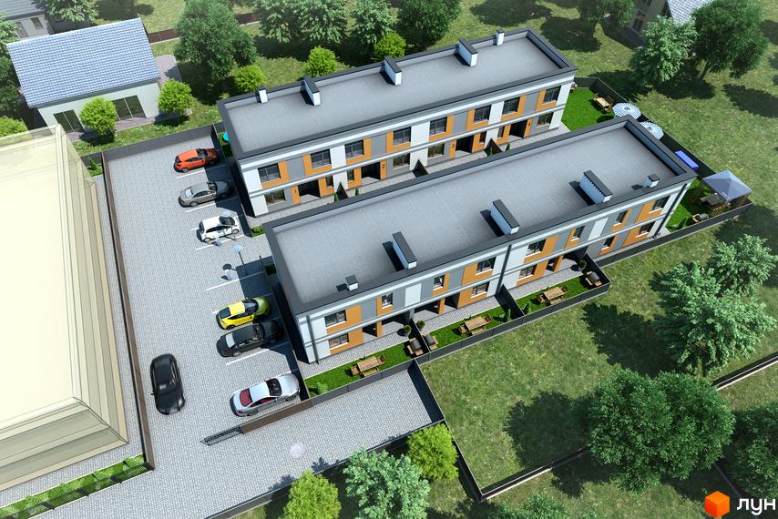 Зображення житлового комплексу Real Home. Двоповерхові таунхауси з парковкою та зеленими зонами.