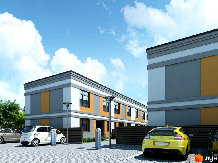 Зображення сторінки житлового комплексу Real Home. Двоповерхові будинки з парковкою для електрокарів та зарядними станціями на території.