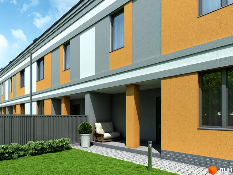 Зображення фасаду таунхаусів Real Home. На передньому плані газон та огорожа, на задньому – будівлі з великими вікнами та терасами.