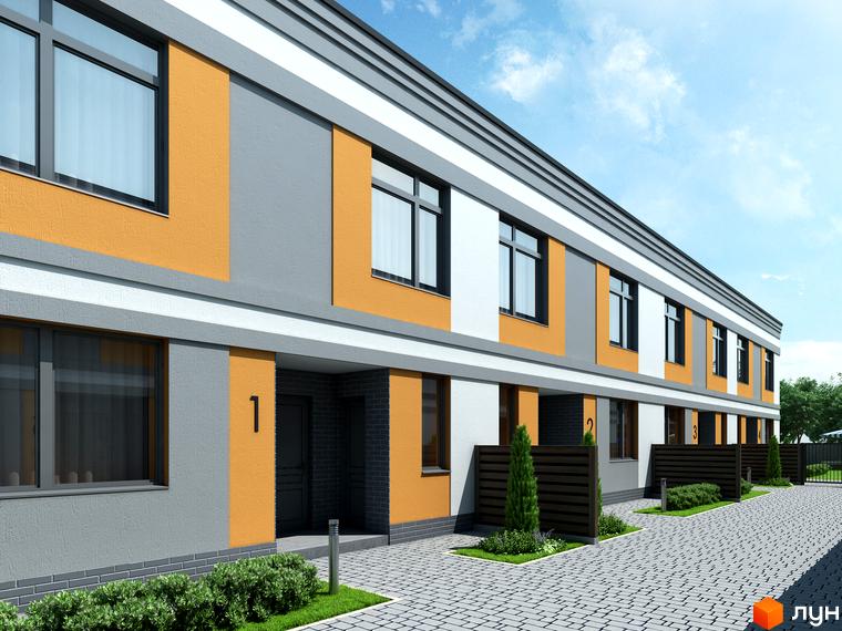 Зображення фасаду таунхаусів Real Home. Будинки з сірими, помаранчевими та білими елементами, великими вікнами та охайним благоустроєм прибудинкової території.