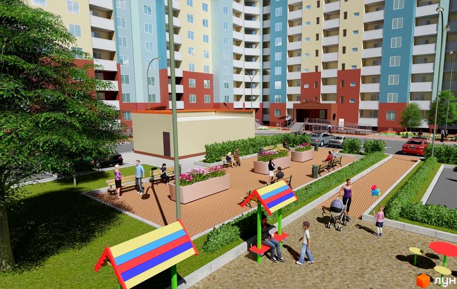 Житловий комплекс Акцент з різнокольоровими фасадами та облаштованою прибудинковою територією з дитячим майданчиком та зонами відпочинку.