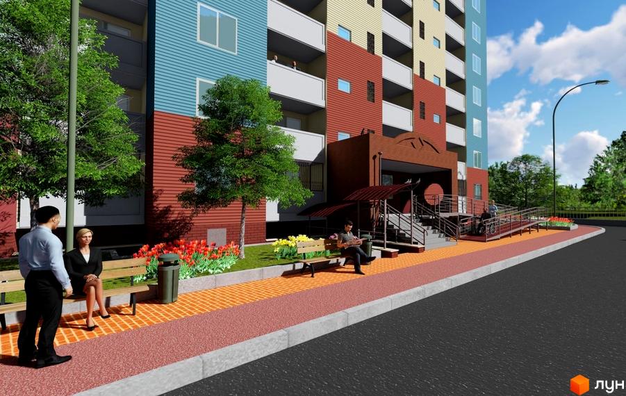 Зображення фасаду та прибудинкової території Житлового комплексу Акцент. Вигляд багатоповерхового будинку з лавками та зеленими насадженнями.