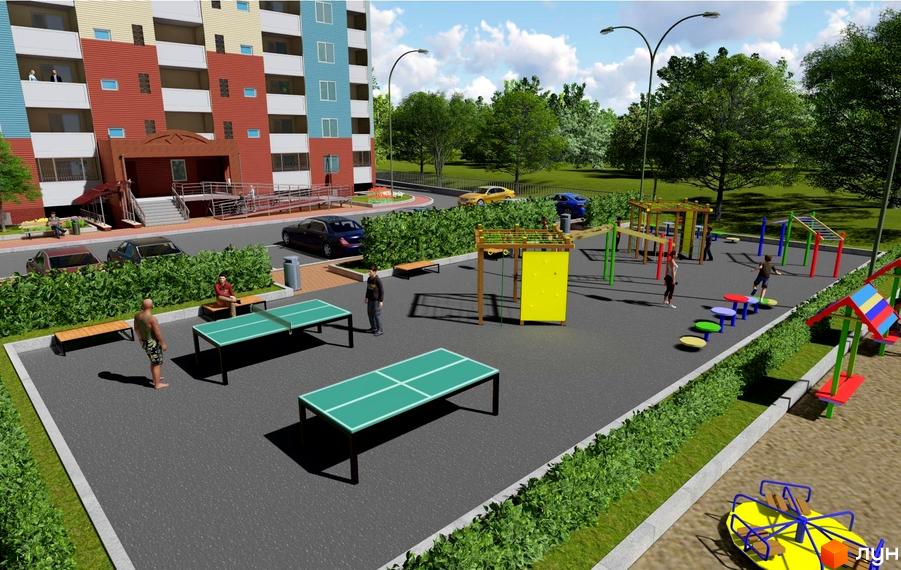 Зображення будинку в Житловому комплексі Акцент. На території дитячий майданчик, столи для тенісу та зелені насадження.