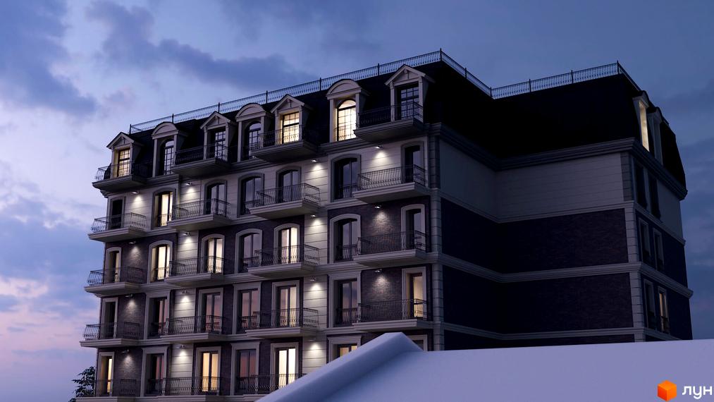 Вечірній фасад Житлового комплексу Будинок на Міщанській з мансардним дахом, балконами та освітленими вікнами.