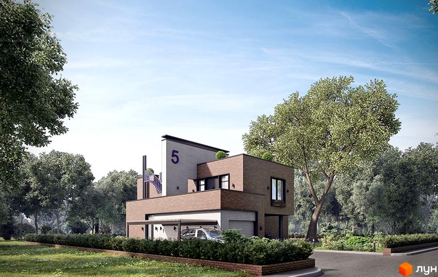 Котеджне містечко Пуща Residence. Сучасний двоповерховий будинок з цегляним фасадом та великими вікнами, оточений зеленню. Прибудинкова територія з доглянутим газоном та деревами.