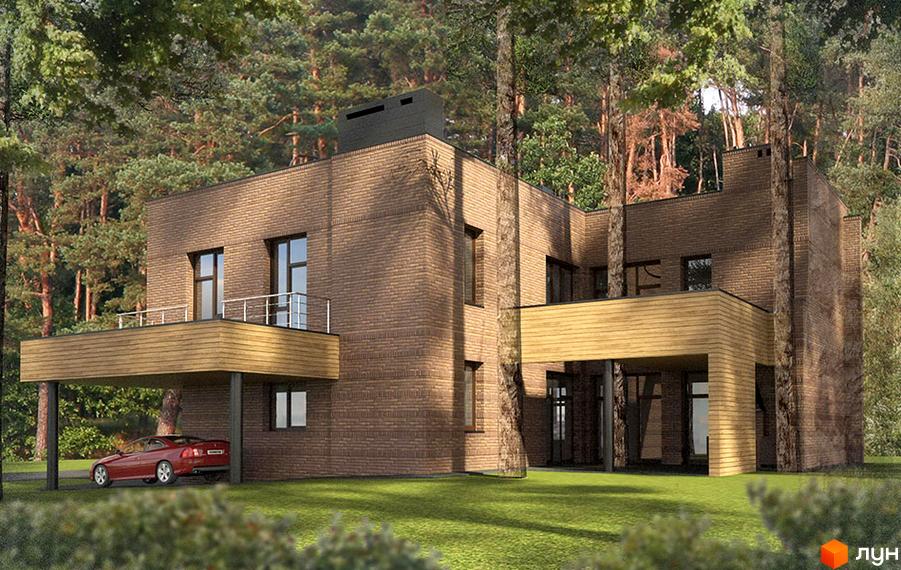 Котеджне містечко Пуща Residence. Зовнішній вигляд будинку з цегляним фасадом, великими вікнами та навісом для авто. Навколо будинку зелена галявина та дерева.