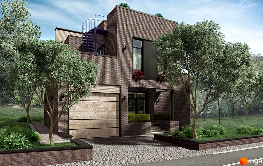 Котеджне містечко КМ Пуща Residence: двоповерховий будинок з цегляним фасадом, дерев'яними елементами та зовнішніми сходами. Навколо будинку зелена прибудинкова територія з деревами та кущами.