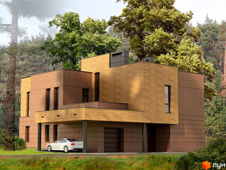 Котеджний комплекс Пуща Residence: будинок з цегляним та дерев'яним фасадом, навісом для авто та оточенням з дерев.