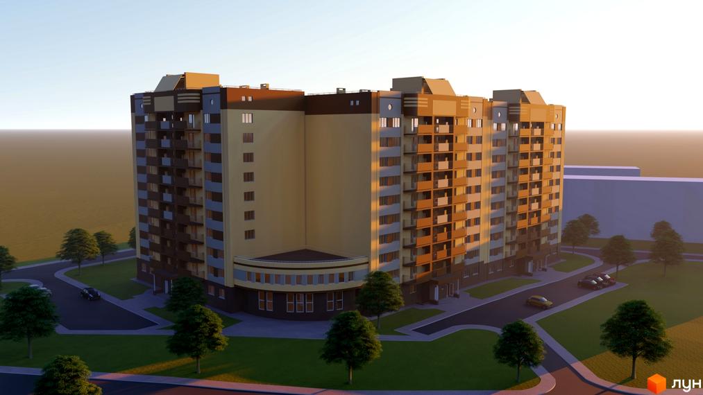 Зображення багатоповерхового будинку в Житловому комплексі Подвір'я з облаштованою прибудинковою територією та парковкою.