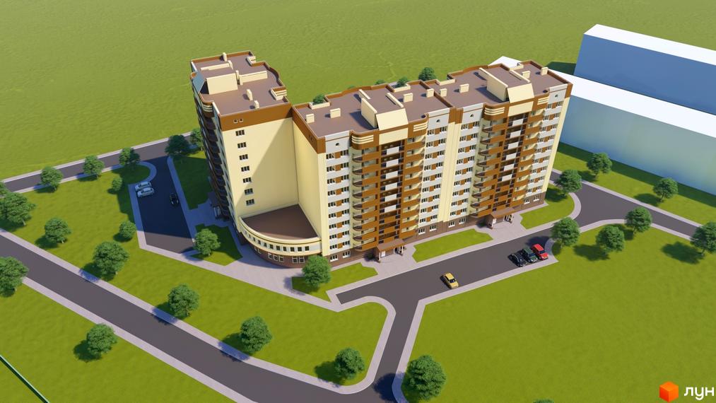 Житловий комплекс Подвір'я - це багатоповерхова будівля з коричневими та бежевими фасадами, балконами та прибудинковою територією з деревами та дорогою.