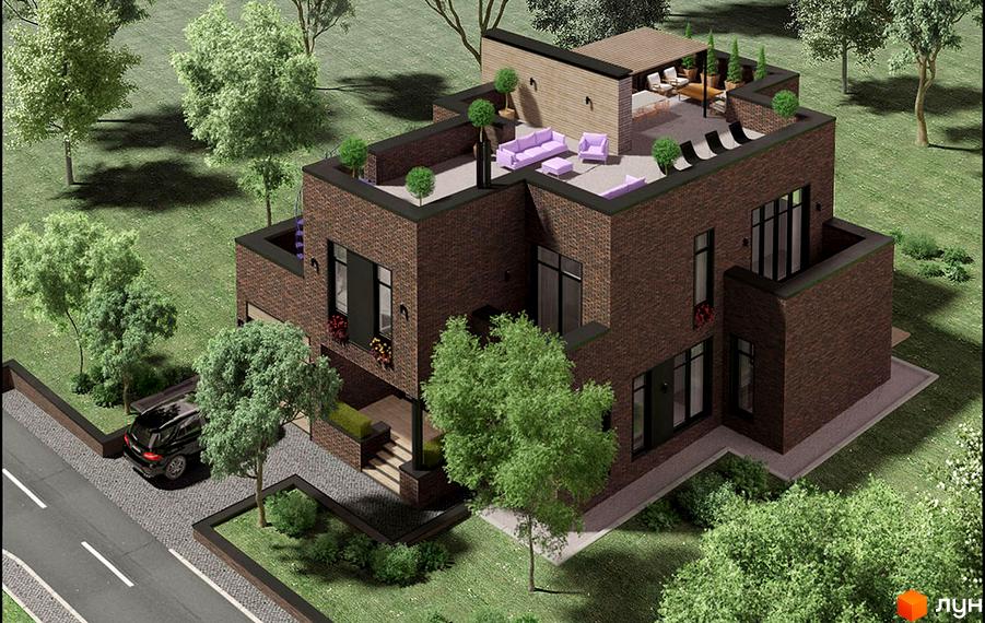 Котеджне містечко Пуща Residence. Триповерховий будинок з коричневої цегли з терасами на даху, великими вікнами та балконами. На прибудинковій території зелені насадження та припаркований автомобіль.