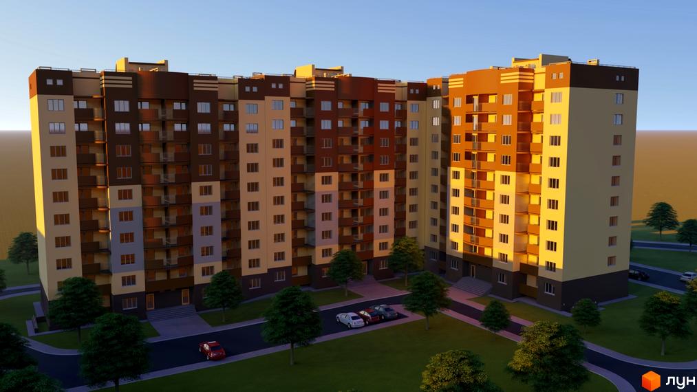 Житловий комплекс Подвір'я - це багатоповерхова новобудова з балконами та великою кількістю вікон, розташована на доглянутій прибудинковій території з деревами та парковкою.