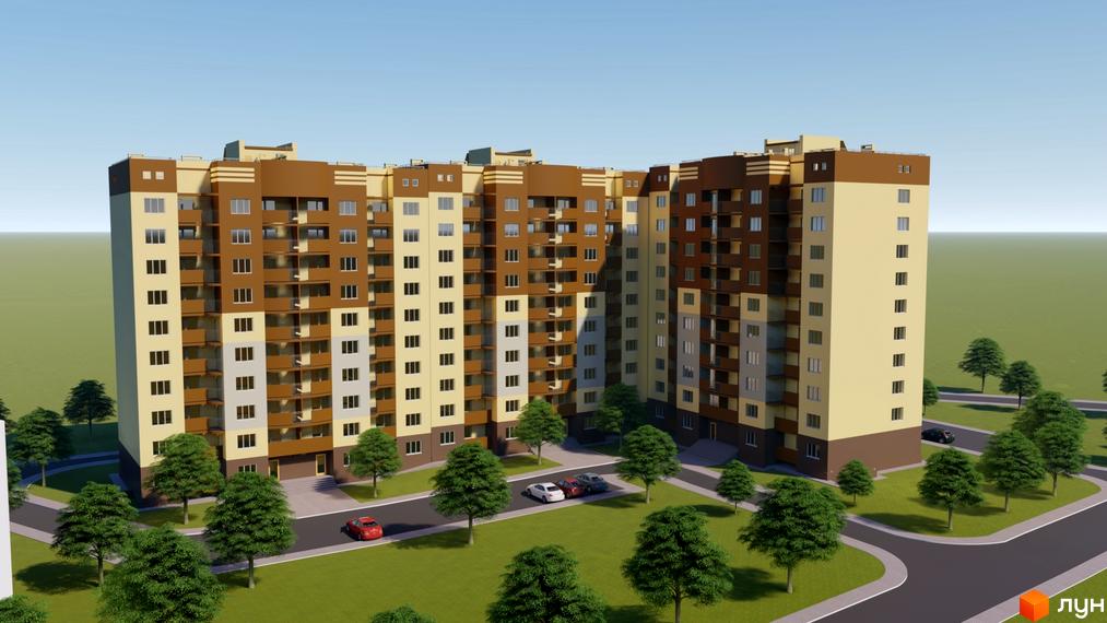 Зовнішній вигляд житлового комплексу Подвір'я з коричнево-бежевими фасадами та численними балконами. Навколо комплексу розташовані зелені насадження та доглянута прибудинкова територія з доріжками та автомобілями.