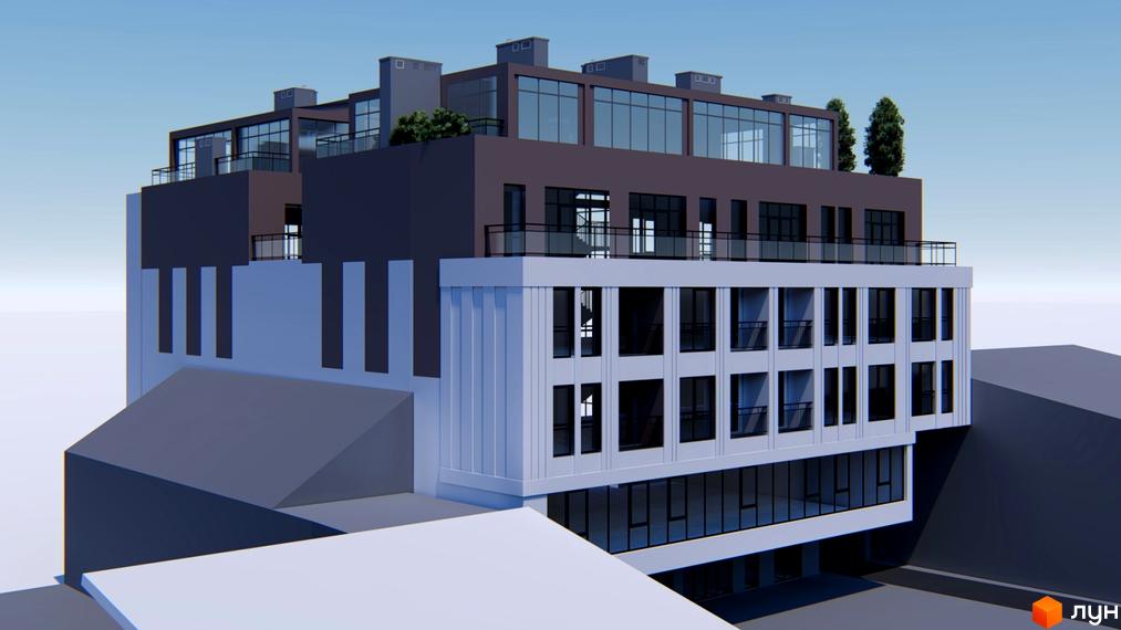 Новобудова на Замарстинівській, 43 з багатоповерховим фасадом, що поєднує світлі та темні секції, та озелененими терасами на даху.