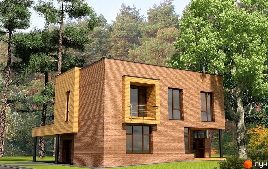 Котеджне містечко КМ Пуща Residence. Будинок з цегляним фасадом та дерев'яними елементами, оточений деревами. Біля будинку зелена галявина.