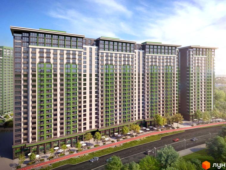 Житловий комплекс LIKO-GRAD Perfect Town з зеленими та білими фасадами, балконами та великими вікнами. Поруч дорога з автомобілями та зелені насадження.