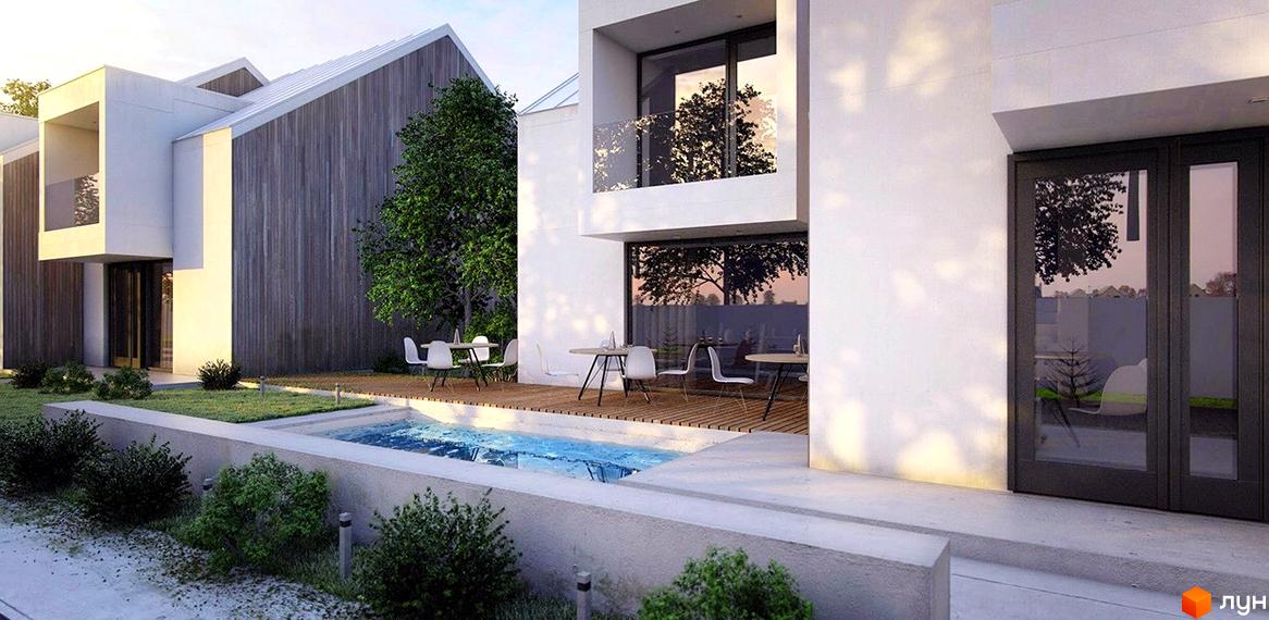 Зображення житлового будинку в КМ Hygge Town з білими фасадами, панорамними вікнами та терасою з меблями. Поряд розташований басейн та зелені насадження.