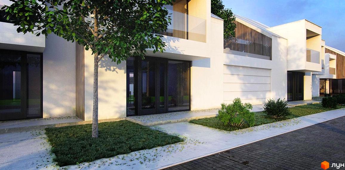 Фасад будинку Котеджне містечко Hygge Town з білими стінами та скляними балконами, зелена прибудинкова територія з деревом та кущами.